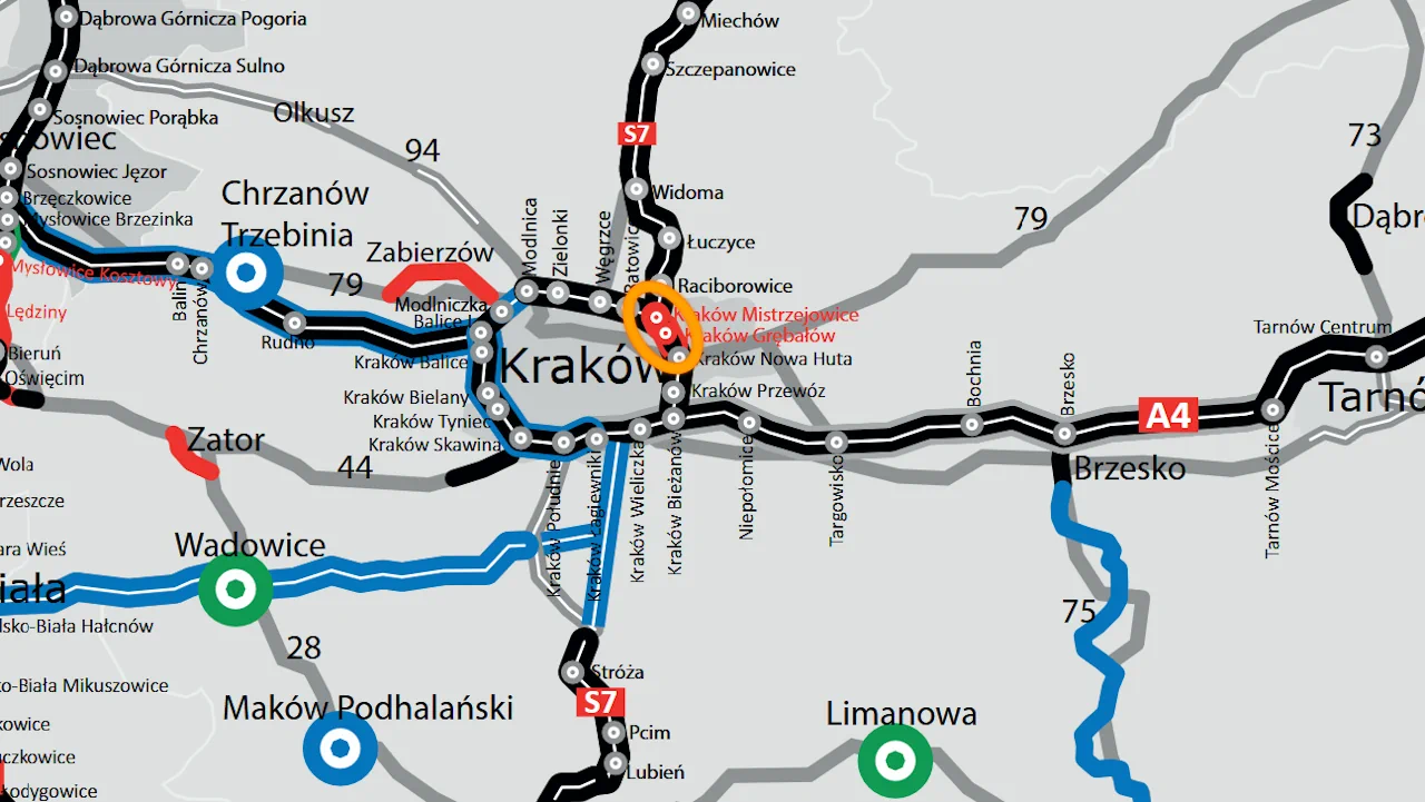 Mapa z zaznaczonym ostatnim w budowie odcinkiem obwodnicy Krakowa