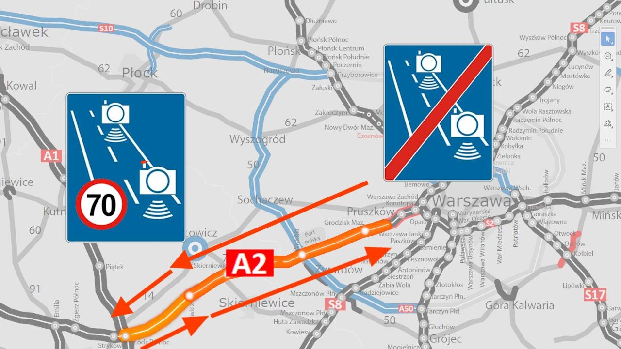 Mapa z zaznaczonym odcinkiem autostrady A2 z najdłuższym OPP